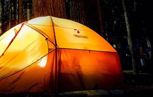 A glowing orange tent illuminated at night in a dark forest.