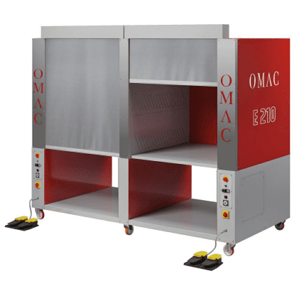 Industrial machine with control panels and wheels.