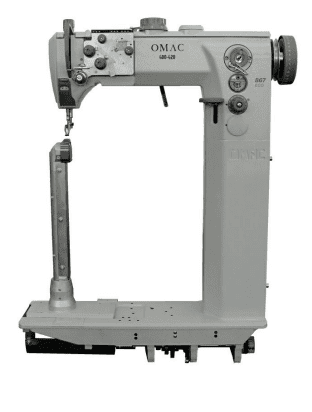 Industrial sewing machine with vertical stitching arm.