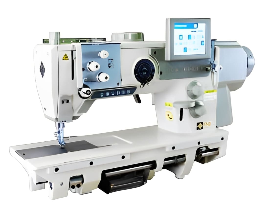 Industrial sewing machine with digital display screen.
