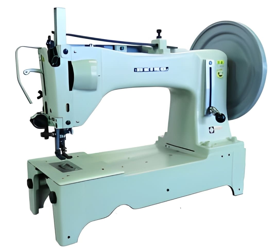 Industrial sewing machine with large wheel.