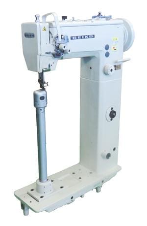 Industrial sewing machine with vertical design.