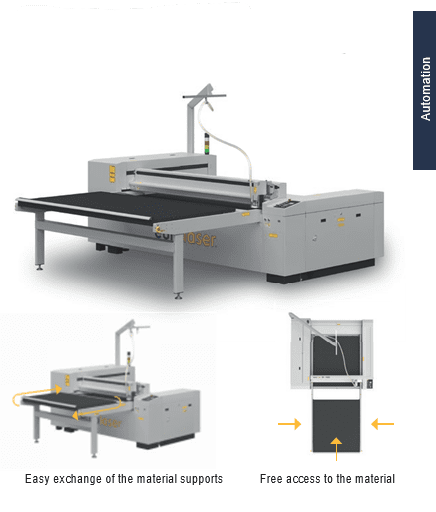 Industrial laser cutter with material support features.