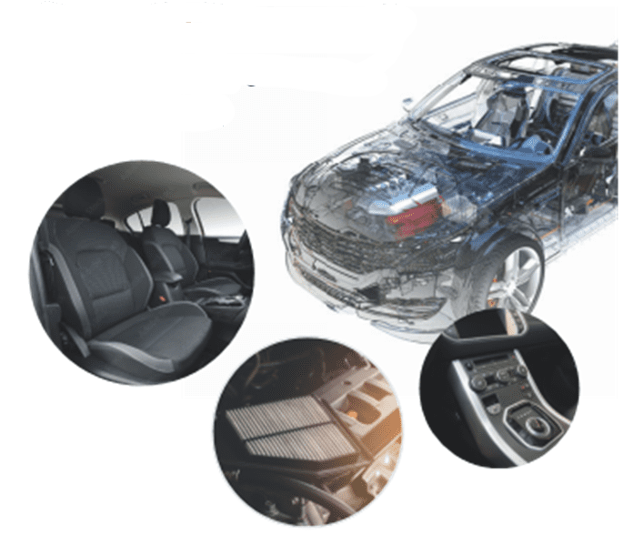 Car interior and mechanical components illustration.