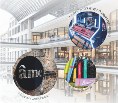 Modern interior with colorful circular design elements.