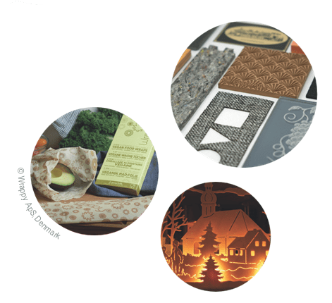 Circular images of textures and decorative scenes.