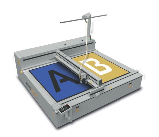 Industrial flatbed printer with colorful design.